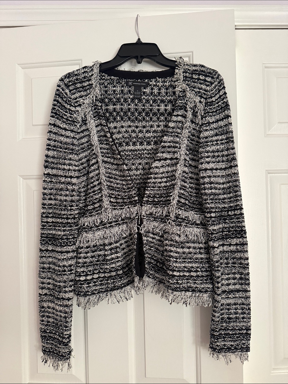 INC International Concepts Black & White Fringe Open-Front Cardigan